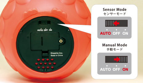 本体裏面のスイッチで、センサーモードと手動点灯モードの切り替えが可能です。